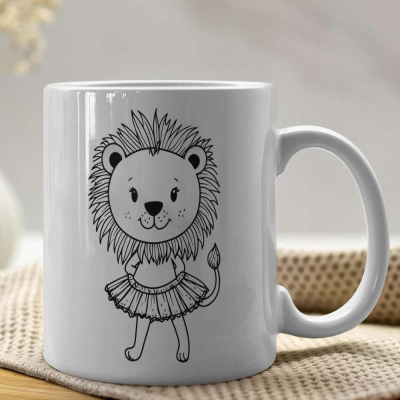 Tailorly White Ceramic 11 oz Mug - Minimalist Hand Drawn Cartoon Ballerina Wearing A Frilly Tutu Skirt Lion