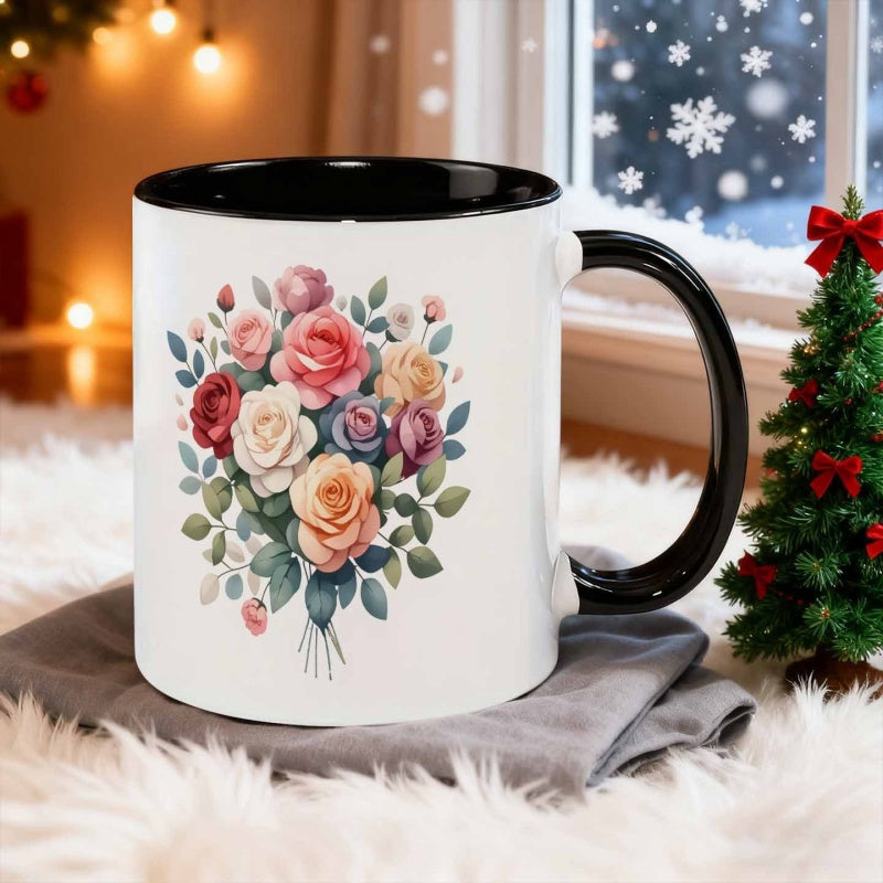 Tailorly Black Accent 11 oz Mug - flower pattern