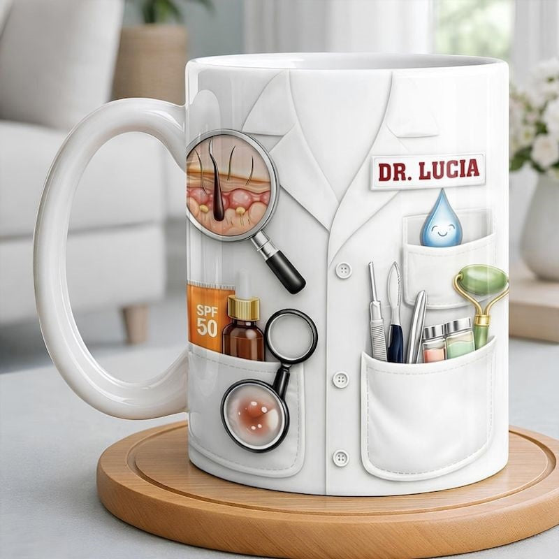 Tailorly White Ceramic 11 oz Mug - Dr Lucia Professional White Medical Lab Coat Featuring Skincare Tools And Magnifying Glass Mug
