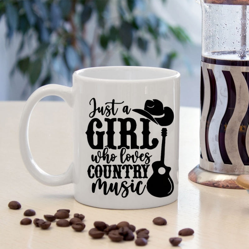 Tailorly White Ceramic 11 oz Mug - Just A Girl Who Loves Country Music Classic Acoustic Silhouette With Decorative Western Cowgirl Hat Stylized Typography Guitar