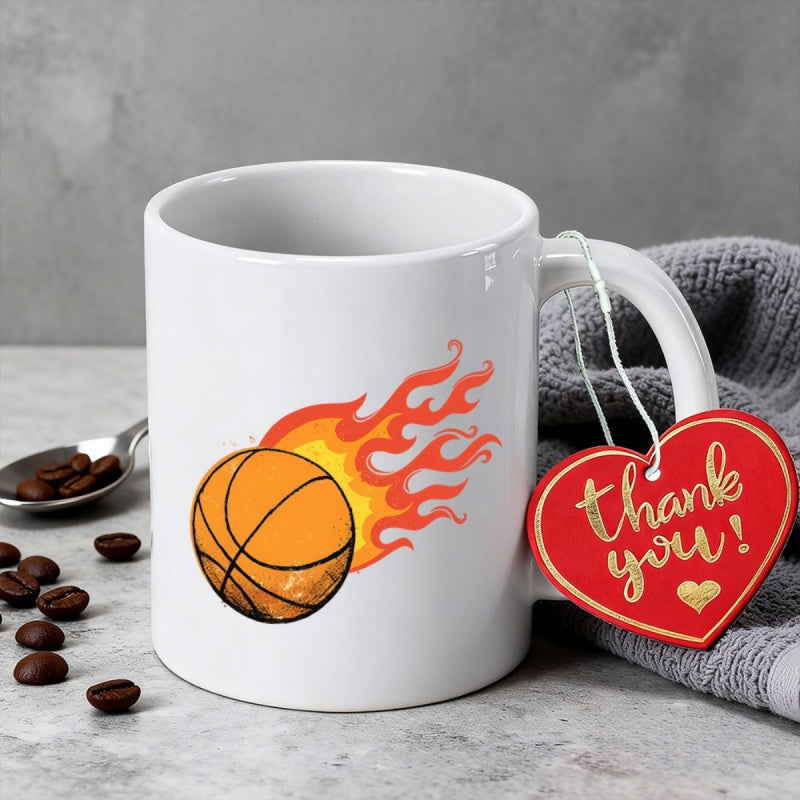 Tailorly White Ceramic 11 oz Mug - Thank You Dynamic Fiery Sports Graphic With Vibrant Orange And Yellow Trails Basketball