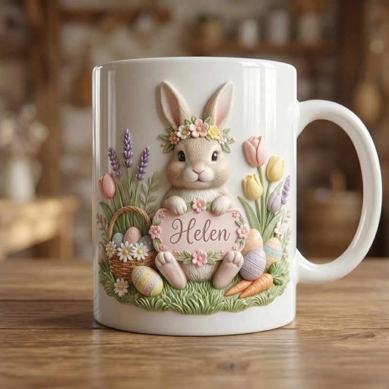 Tailorly White Ceramic 11 oz Mug - Helen Cute Adorable Easter Themed Illustration With Colorful Eggs And Vibrant Flowers Bunny
