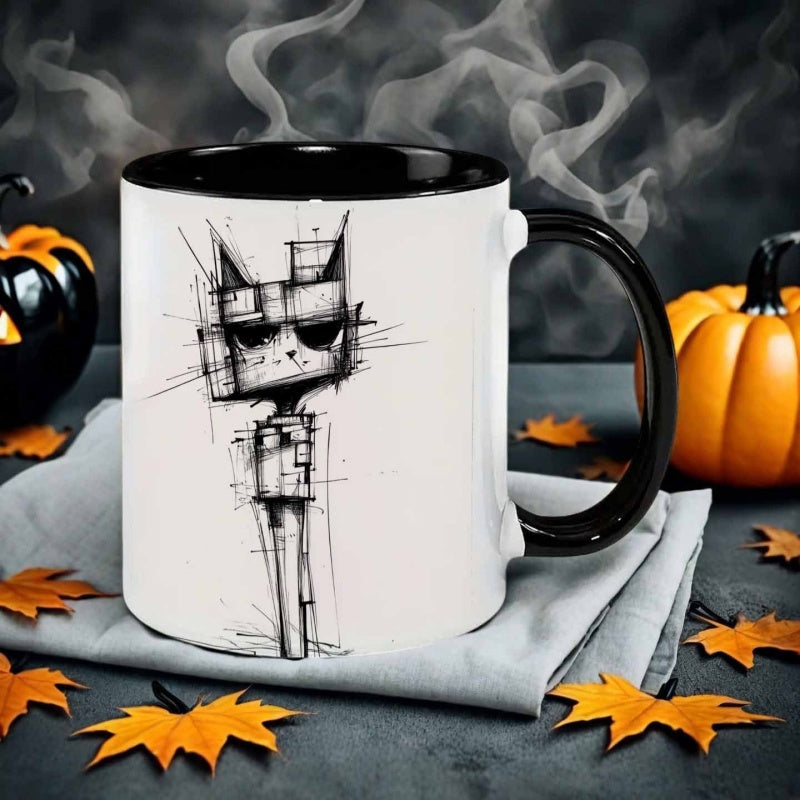 Tailorly Black Accent 11 oz Mug - sketch style mechanical cat