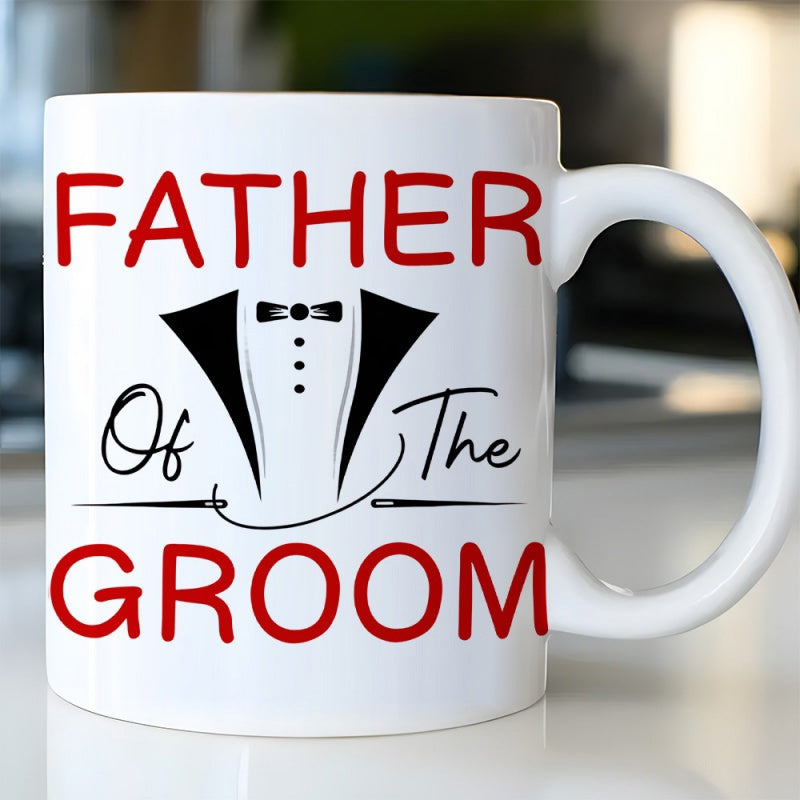 Tailorly White Ceramic 11 oz Mug - Father Of The Groom Stylized Black Formal Suit Graphic With Small Bow Tie Tuxedo