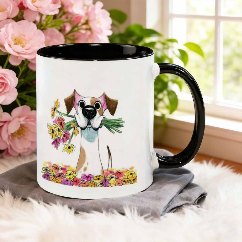 Tailorly Black Accent 11 oz Mug - cute dog holding flowers