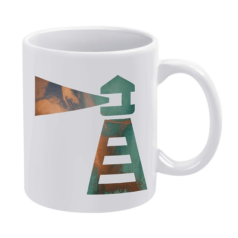 Tailorly White Ceramic 11 oz Mug - Geometric Silhouette With Rusty Metal Texture Shining Light Through Fog Lighthouse