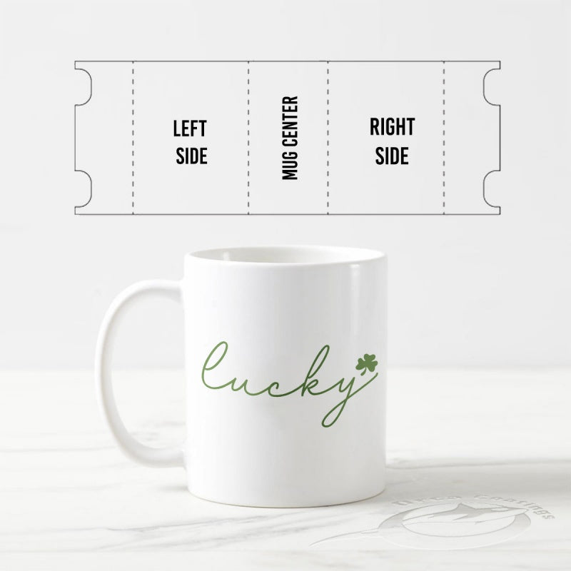 Tailorly White Ceramic 11 oz Mug - Lucky Minimalist Green Handwritten Script Featuring A Small Delicate Four Leaf Clover Mug