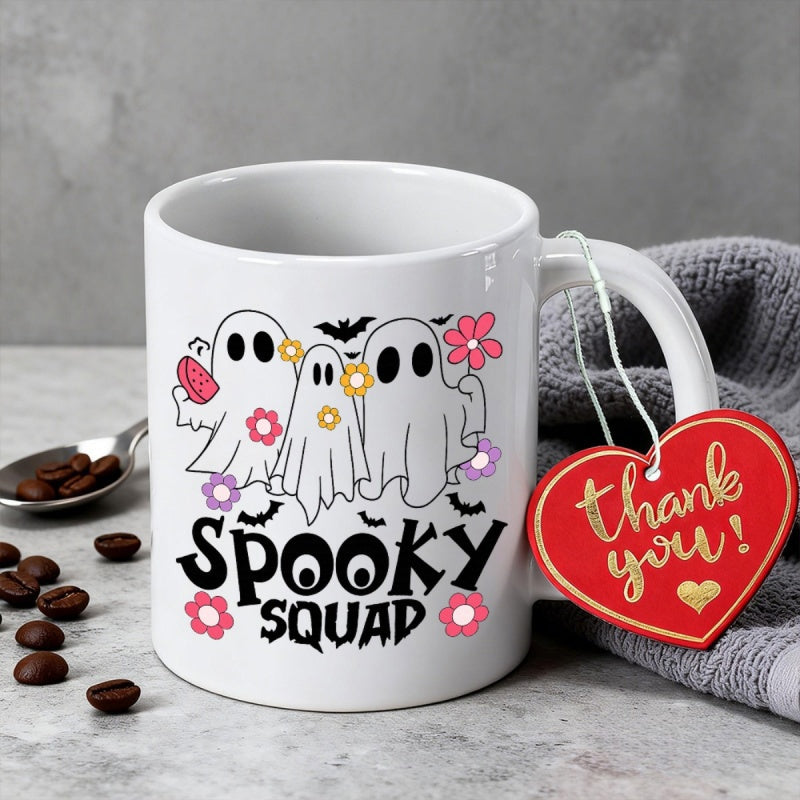 Tailorly White Ceramic 11 oz Mug - Spooky Squad Friendly Cartoon Ghosts Among Pretty Flowers And Small Bats Ghost
