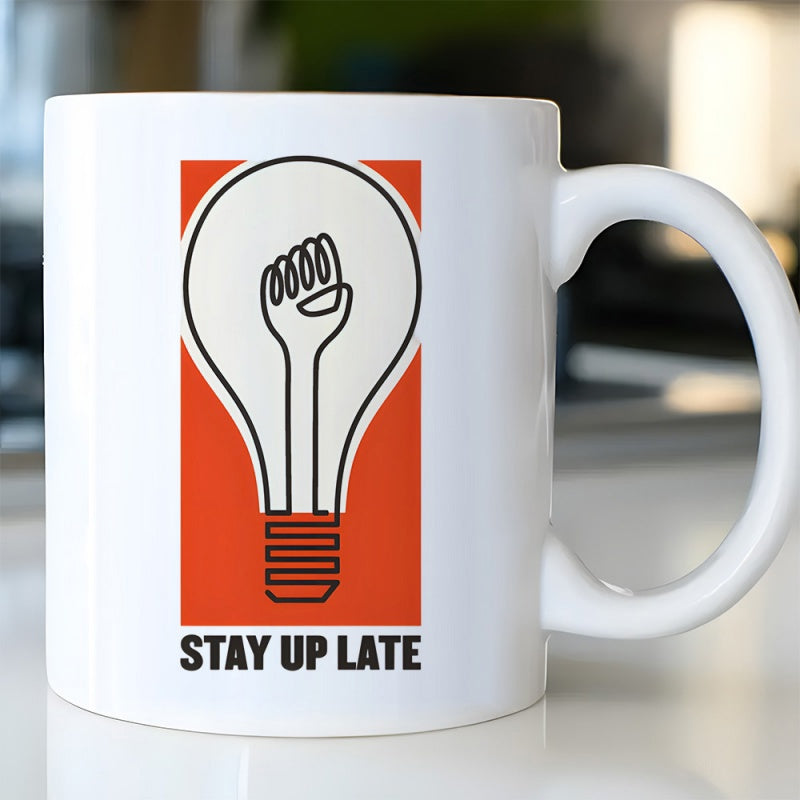 Tailorly White Ceramic 11 oz Mug - Stay Up Late Minimalist Line Art Design Set Against Vibrant Orange Background Rectangular Bulb