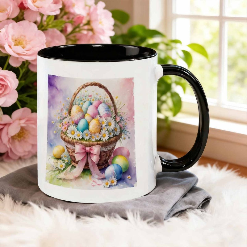 Tailorly Black Accent 11 oz Mug - watercolor flower basket carrying easter eggs