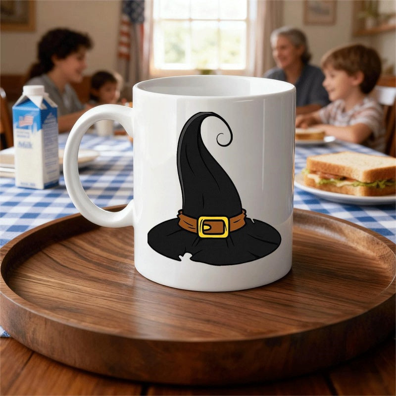 Tailorly White Ceramic 11 oz Mug - Pointy Black Curved Tip With Brown Belt And Golden Buckle Hat