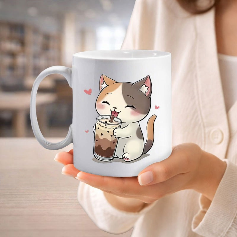 Tailorly White Ceramic 11 oz Mug - Adorable Calico Holding A Delicious Glass Of Boba Milk Tea Cat