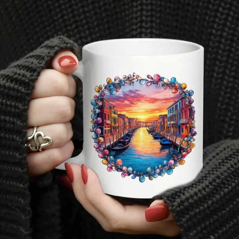 Tailorly White Ceramic 11 oz Mug - Vibrant Sunset Glow Over Colorful Houses Beside A Peaceful Scenic Canal
