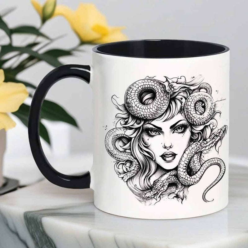Tailorly Black Accent 11 oz Mug - medusa inspired illustration