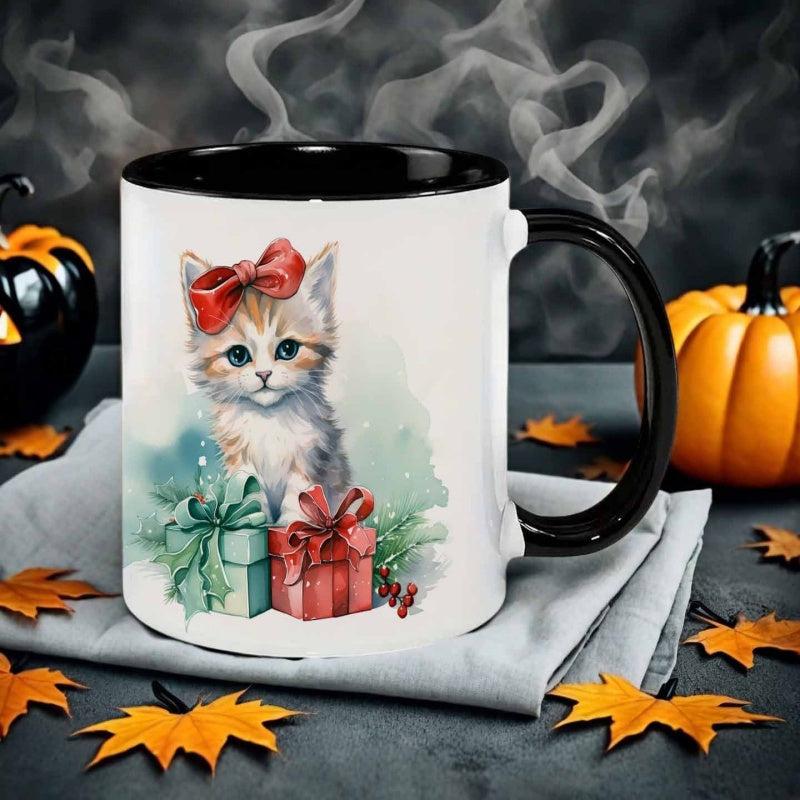 Tailorly Black Accent 11 oz Mug - adorable cat in watercolor design