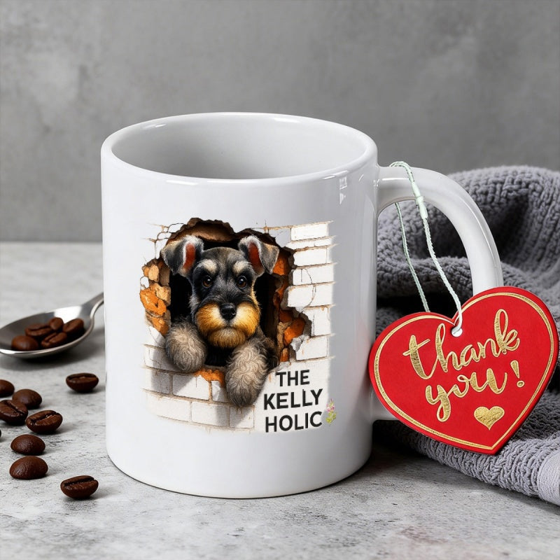 Tailorly White Ceramic 11 oz Mug - The Kelly Holic Cute Puppy Peeking Through A Broken White Brick Wall Hole Schnauzer
