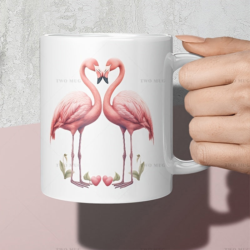 Tailorly White Ceramic 11 oz Mug - Pair Of Pink Birds Facing Each Other Forming Heart Shape With Leaves Flamingo