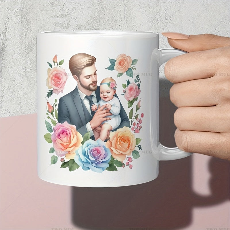 Tailorly White Ceramic 11 oz Mug - Loving Father Holding A Baby Surrounded By Elegant Colorful Blooming Summer Roses Man