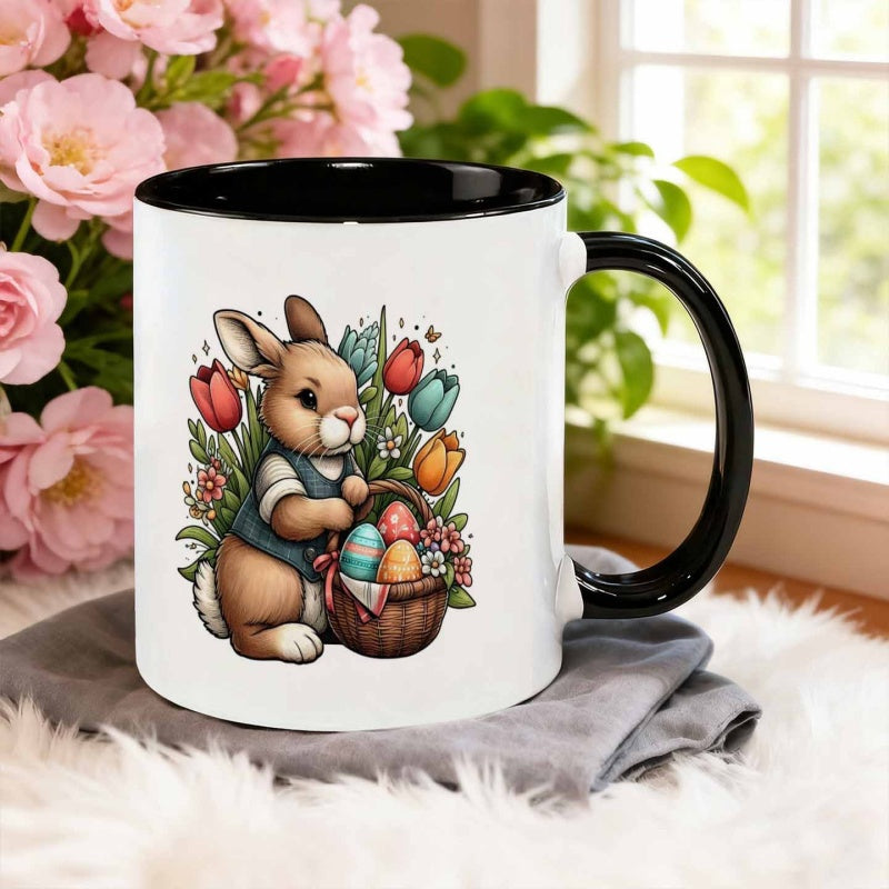 Tailorly Black Accent 11 oz Mug - hand painted illustration style holding egg basket