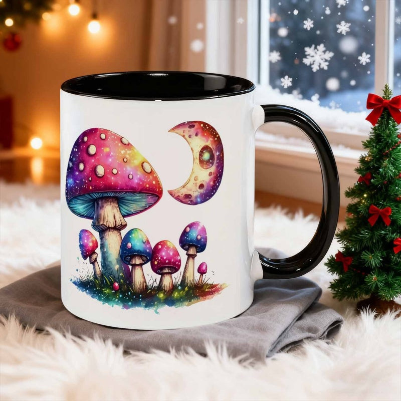 Tailorly Black Accent 11 oz Mug - fantasy illustration of mushroom