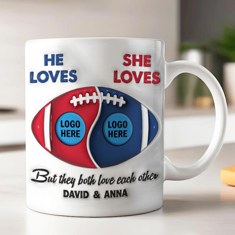Tailorly White Ceramic 11 oz Mug - He Loves She Loves But They Both Love Each Other David Anna Symmetrically Divided Athletic Football Design Showcasing