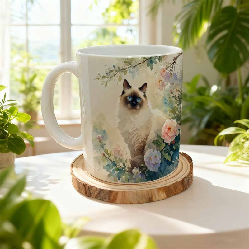Tailorly White Ceramic 11 oz Mug - Beautiful Watercolor Floral Arrangement Surrounding A Majestic Siamese Portrait Cat