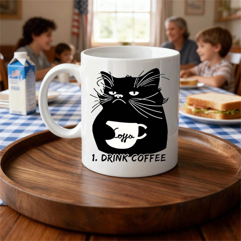 Tailorly White Ceramic 11 oz Mug - 1 Drink Coffee Grumpy Black Cat Holding A Small White Steaming Morning Coffee Cat