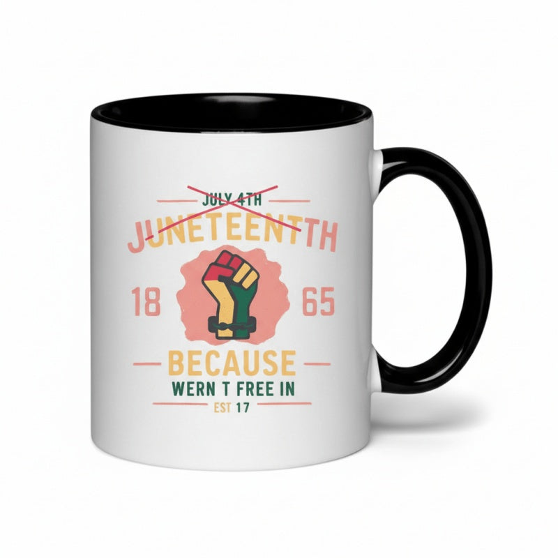 Tailorly Black Accent 11 oz Mug - juneteenth 1865 text with romantic goth design