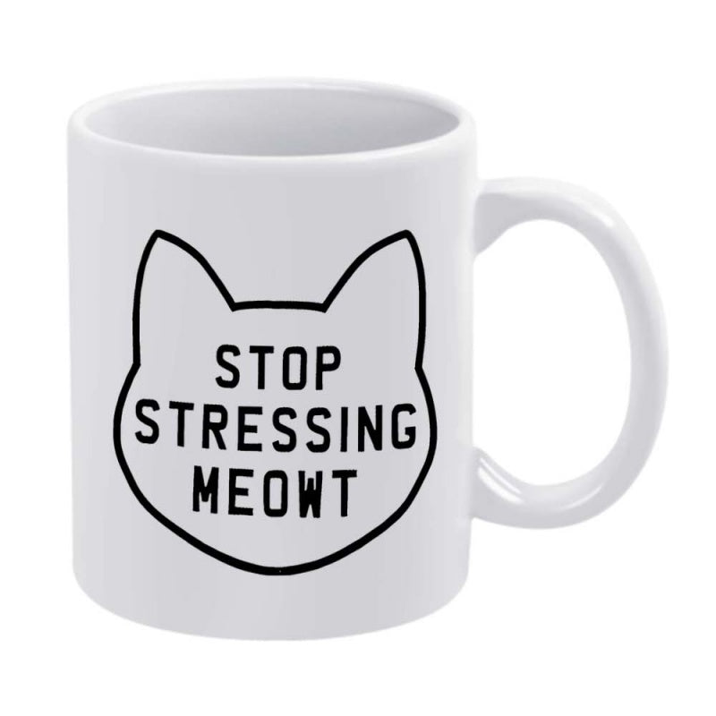Tailorly White Ceramic 11 oz Mug - Stop Stressing Meowt Minimalist Black Line Drawing Silhouette Centered On White Surface Cat