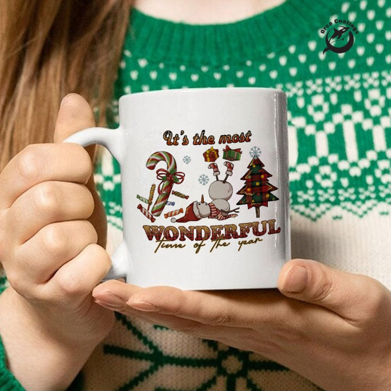 Tailorly White Ceramic 11 oz Mug - Its The Most Wonderful Time Of The Year Festive Candy Cane With Decorated Tree And Holiday Character Mug