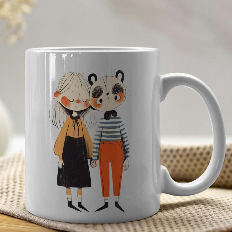 Tailorly White Ceramic 11 oz Mug - Adorable Hand Drawn Girl And Little Panda Character Standing Together Illustration