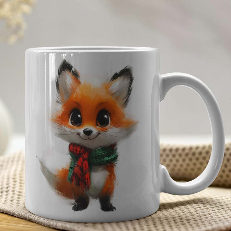 Tailorly White Ceramic 11 oz Mug - Adorable Small Forest Animal Wearing A Warm Plaid Winter Scarf Fox
