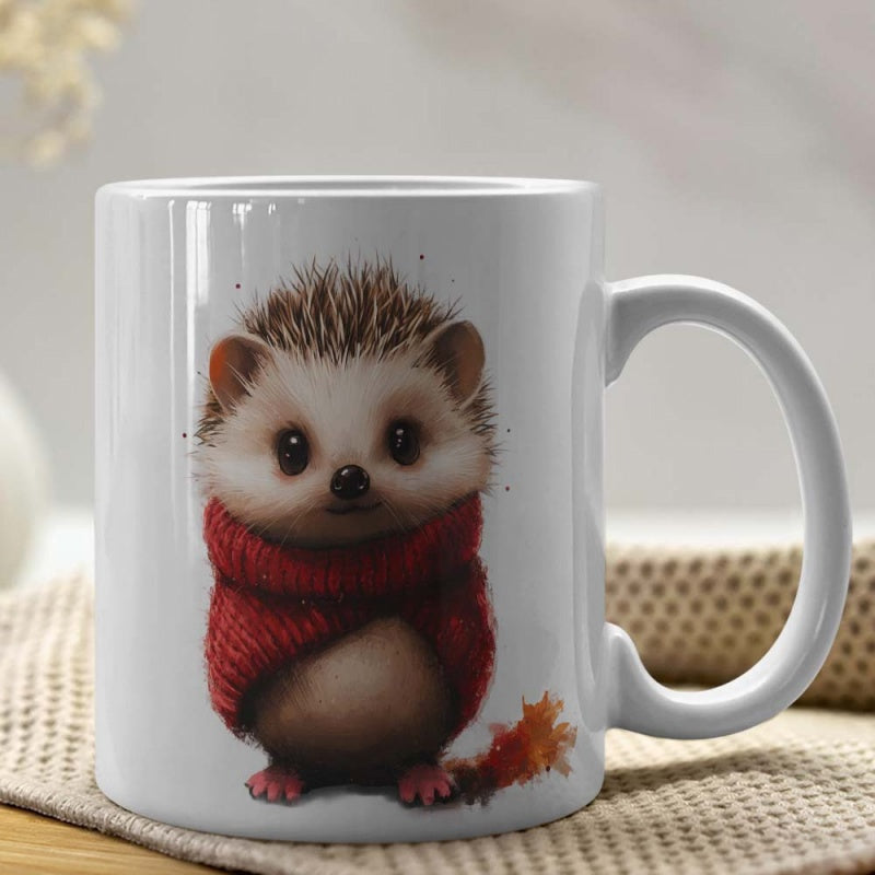 Tailorly White Ceramic 11 oz Mug - Adorable Tiny Forest Animal Wearing Red Knitted Winter Scarf Hedgehog