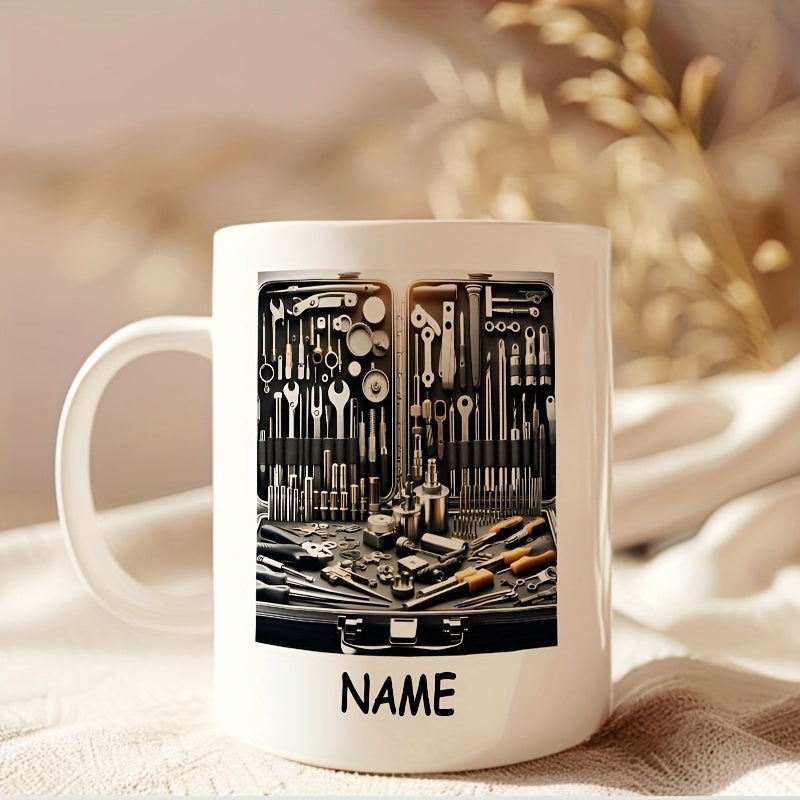 Tailorly White Ceramic 11 oz Mug - Name Detailed Workshop Toolbox Featuring Neatly Organized Hand Tools And Hardware Case