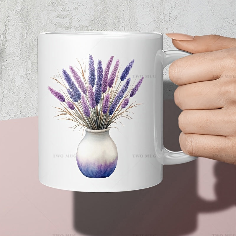 Tailorly White Ceramic 11 oz Mug - Graceful Purple Watercolor Floral Bouquet Arranged Within A Minimalist Ceramic Vase Lavender