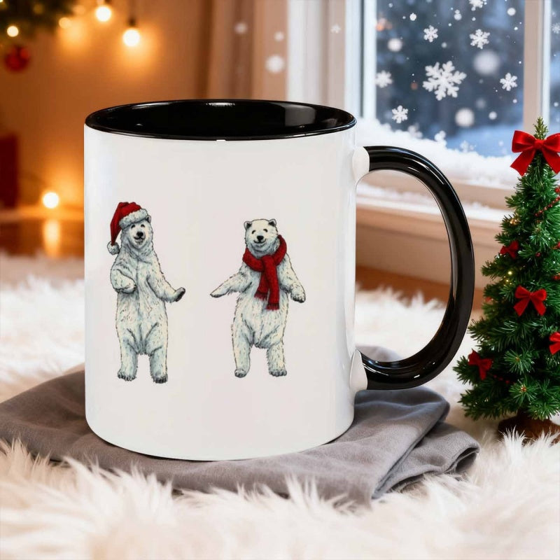Tailorly Black Accent 11 oz Mug - two polar bears dressed for Christmas