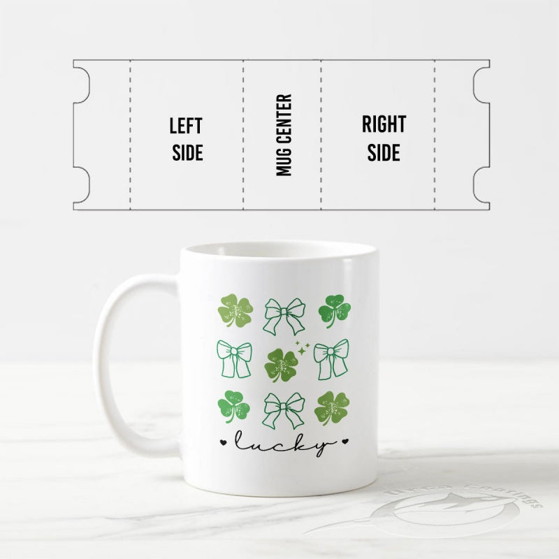 Tailorly White Ceramic 11 oz Mug - Lucky Watercolor Green Shamrocks With Dainty Bows And Tiny Hearts Clover