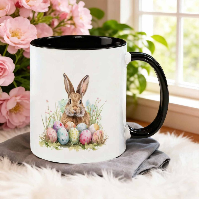 Tailorly Black Accent 11 oz Mug - watercolor rabbit with easter eggs