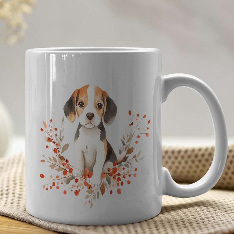 Tailorly White Ceramic 11 oz Mug - Watercolor Puppy Sitting Peacefully Amidst Autumn Floral Berries And Leaves Beagle