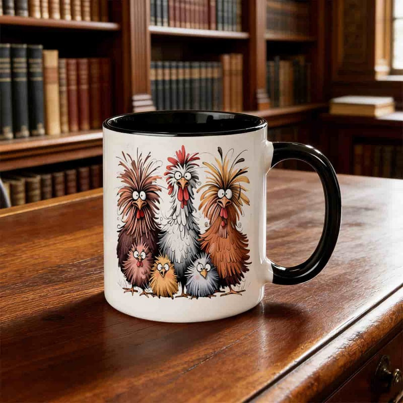 Tailorly Black Accent 11 oz Mug - funny chicken family， whimsical cartoon style rooster and hen