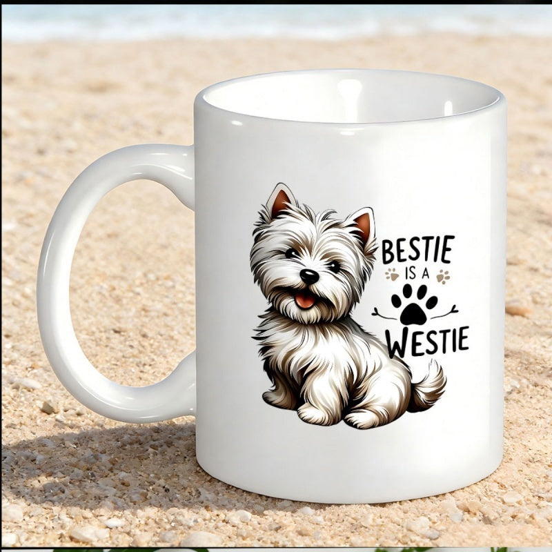 Tailorly White Ceramic 11 oz Mug - Bestie Is A Westie Adorable Hand Drawn White Terrier Sitting With Black Paw Icon Westie