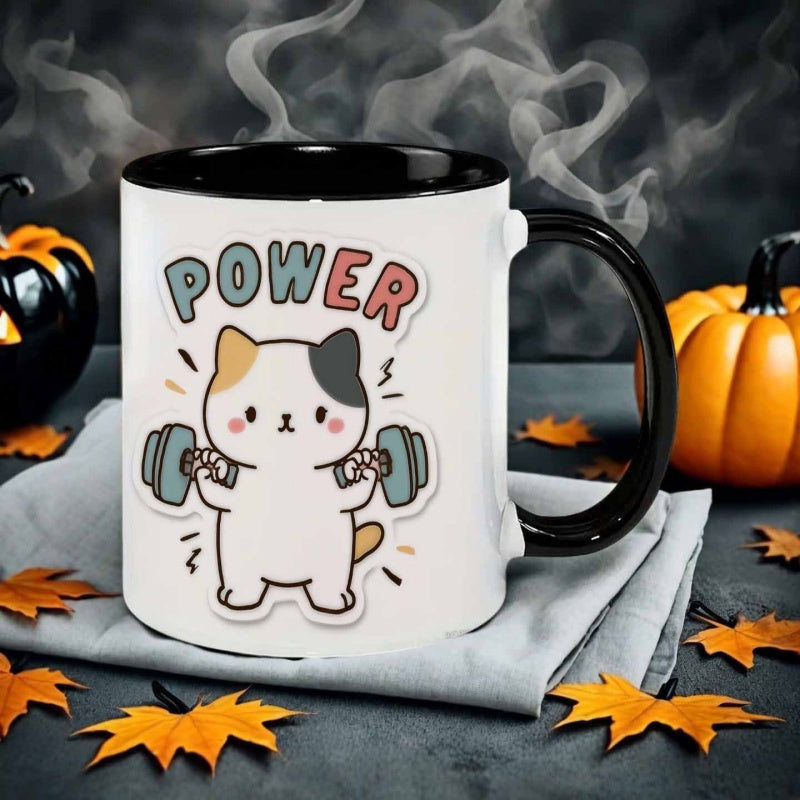 Tailorly Black Accent 11 oz Mug - cat lifting weights