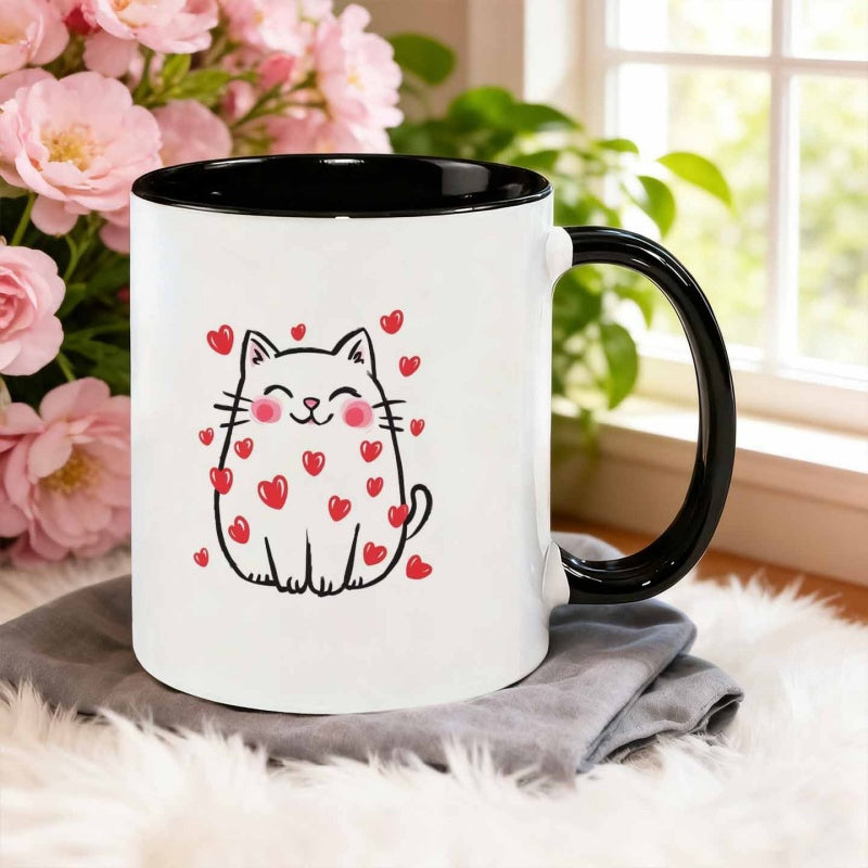 Tailorly Black Accent 11 oz Mug - cartoon cute cat with heart