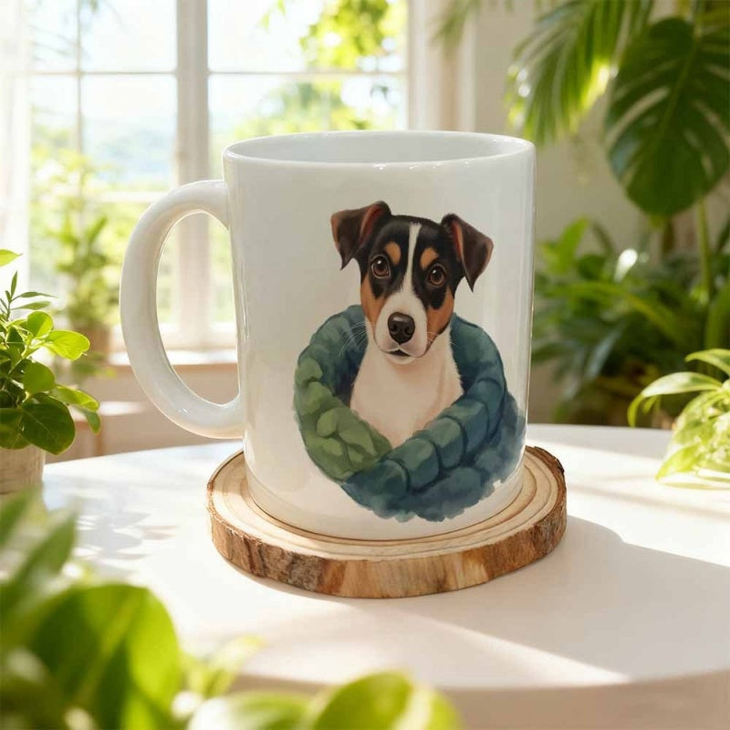 Tailorly White Ceramic 11 oz Mug - Cute Watercolor Jack Russell Terrier Wearing A Knitted Scarf Dog