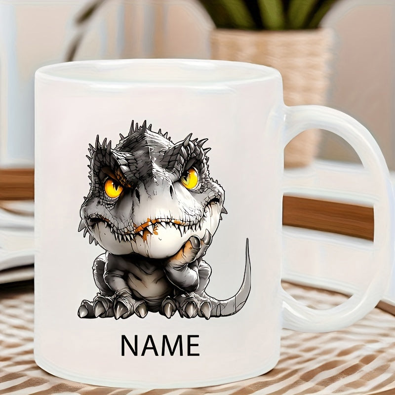 Tailorly White Ceramic 11 oz Mug - Name Grumpy Baby Monster With Sharp Scales And Glowing Yellow Eyes Sitting Dinosaur