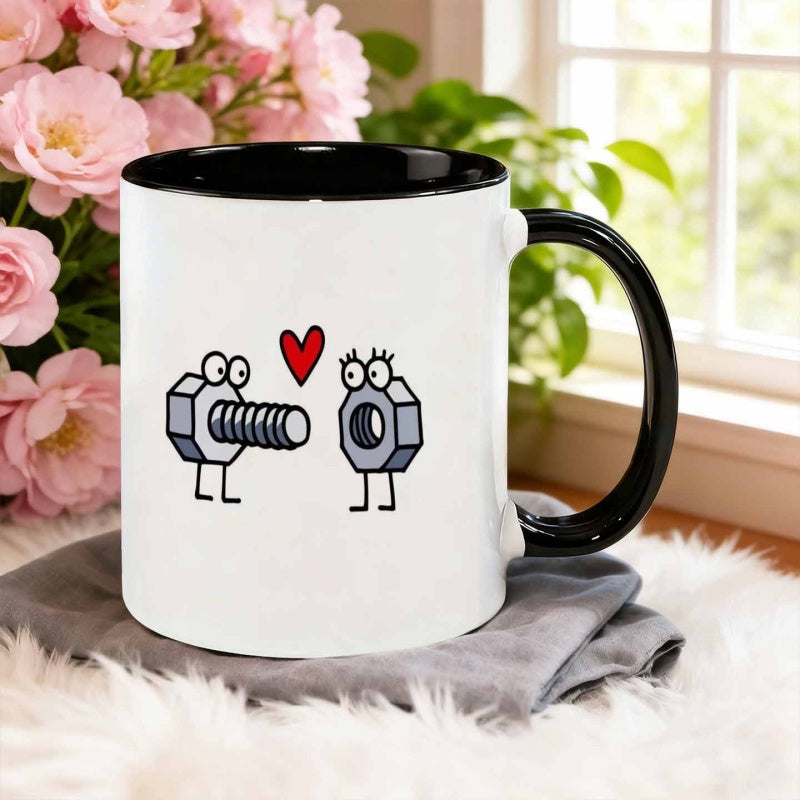 Tailorly Black Accent 11 oz Mug - cartoon with a screw and nut design