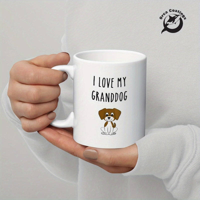 Tailorly White Ceramic 11 oz Mug - I Love My Granddog Adorable Sitting Puppy With Long Brown Ears And White Fur Dog