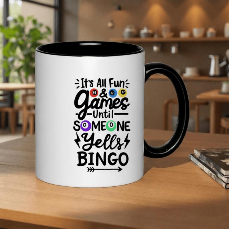 Tailorly Black Accent 11 oz Mug - its games yells bingo