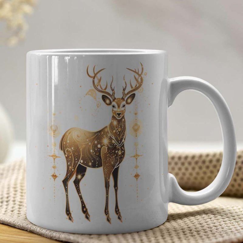 Tailorly White Ceramic 11 oz Mug - Majestic Golden Sparkling Stags Antlers Featuring Celestial Stars And Ethereal Ornaments Deer