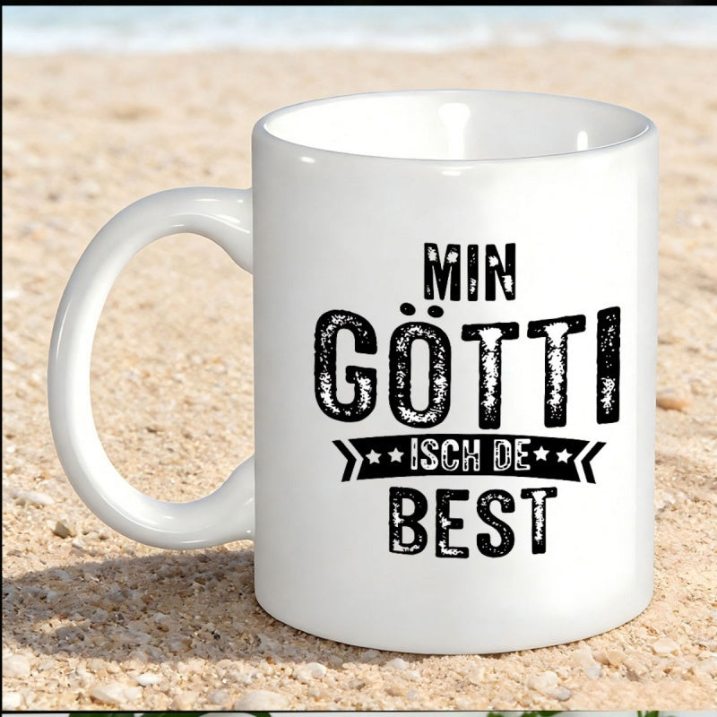 Tailorly White Ceramic 11 oz Mug - Best Minimalist Ceramic Vessel With Comfortable Handle Sitting On Sunlit Sandy Beach Mug